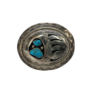Vintage Navajo Sterling Silver & Turquoise Shadowbox Bear Paw Belt Buckle