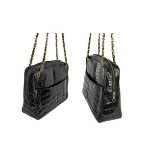 Chanel 80s Black Shiny Alligator Camera Shoulder Bag