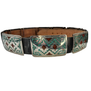 Native American Sterling Silver Concho Belt With Turquoise and Coral Inlay