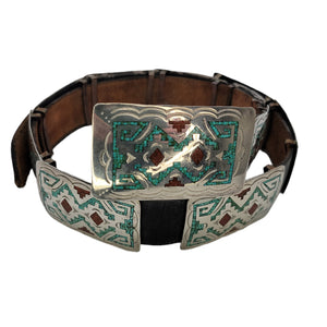 Native American Sterling Silver Concho Belt With Turquoise and Coral Inlay