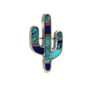 Old Pawn Sterling Silver & Channel Set Inlay Multi Stone Cactus Brooch Pendant