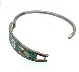 Mexico Sterling Silver, Multi-Stone Inlay Hinged Bangle Cuff Bracelet