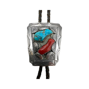 Native American Sterling Silver Turquoise & Coral Bolo Tie