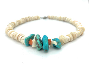 Old Pawn Navajo Sterling Silver, Turquoise, Coral, & Shell Heishi Bead Choker