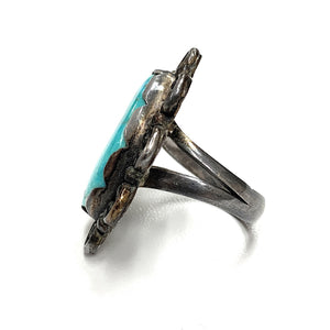 Vintage Navajo Split Shank Sterling Silver & Carico lake Turquoise Ring - Sz. 6.25