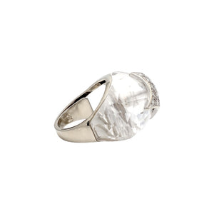 18K White Gold Diamond Cluster & Dome Shaped Crystal Quartz Ring - Sz. 3.25