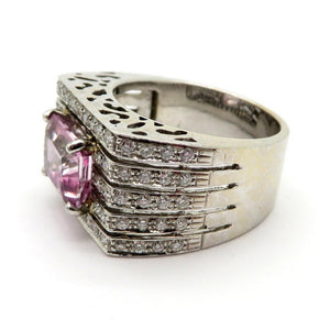18K White Gold Pink Tourmaline & Diamond French Hallmarked Designer Ring, Size 7