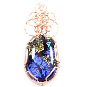 Black Stone with Blue, Purple, Yellow, Orange, and Teal Inlay, Rose Gold Tone Pendant