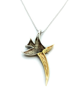 18K Two-Tone Gold Dove Flying w Branch Pendant Necklace