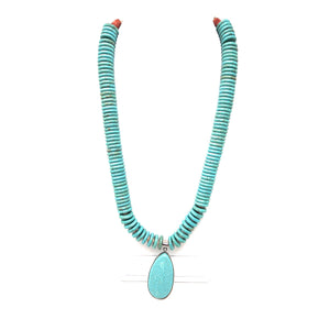 Santo Domingo Pueblo Indian Large Hand Crafted Natural Graduated Turquoise Disc Bead Necklace and Pendant