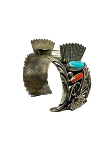 Old Pawn Navajo Heavy Gauge Sterling Silver Turquoise & Coral Watchcuff Bracelet