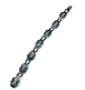 Vintage Sterling Silver Siam Niello Dancer Enamel Inlay Chain Link Bracelet