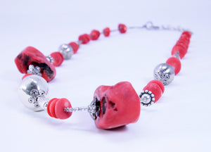 Native American Red Coral Heishi Bead with Sterling Silver Beads Necklace