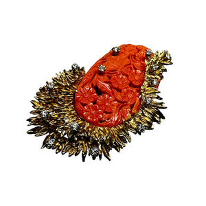 18K Yellow Gold, Carved Coral, & 0.75ctw Diamond Brutalist Brooch