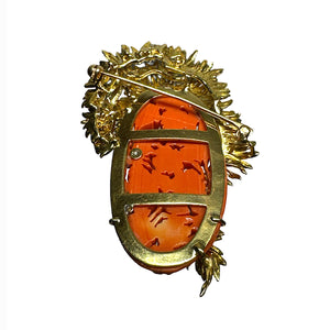 18K Yellow Gold, Carved Coral, & 0.75ctw Diamond Brutalist Brooch