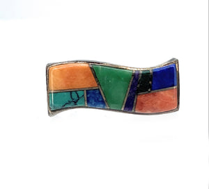 Old Pawn Sterling Silver & Channel Set Inlay Multi Stone Bar Brooch
