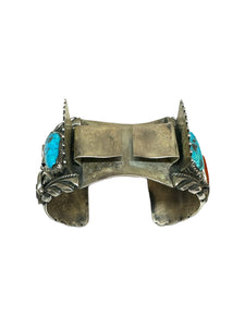 Old Pawn Navajo Heavy Gauge Sterling Silver Turquoise & Coral Watchcuff Bracelet