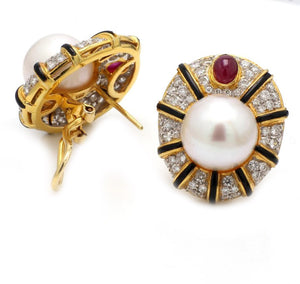 18K Yellow Gold, Diamond, Pearl, & Ruby Earrings