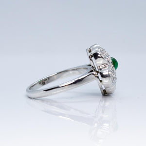 Vintage 18K White Gold Diamond & Emerald Cabochon Ring - Sz. 6.5