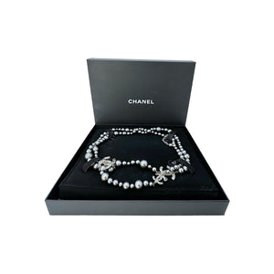 Chanel CC Black Faux Pearl Long Bead Strand Necklace