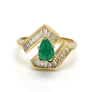 18K Yellow Gold, Emerald & Diamond Bypass Ring - Sz. 6