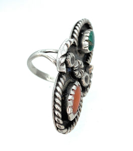 Old Pawn Navajo Split Shank Sterling Silver, Coral, & Turquoise Ring - Sz. 7.75