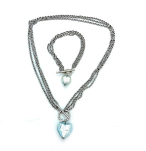 18K White Gold & Glass Heart Necklace & Bracelet Jewelry Set