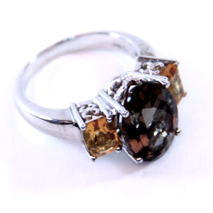 Samuel Aaron Sterling Silver and Smokey Quartz and Amber Ring