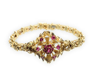 18K Yellow Gold & 1.00ctw Pink Sapphire Diamond Cut Link Bracelet