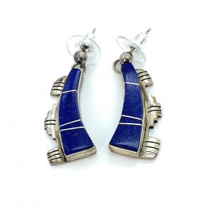 Vintage Old Pawn Zuni Sterling Silver Lapis Inlay Dangle Earrings