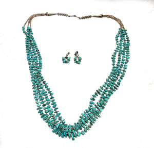Old Pawn Navajo Turquoise Nugget and Heishi 4-Strand Necklace & Earrings