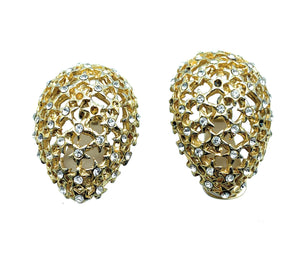 Vintage 1970's Gold Plated & CZ Cluster Egg Shaped Clip-On Earring