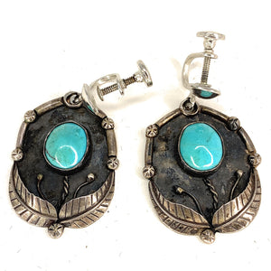 Vintage Navajo Sterling Silver Turquoise Earring & Necklace Set