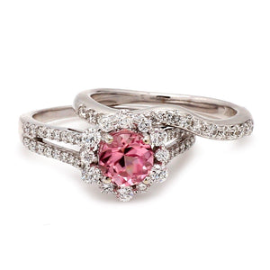 14K White Gold Pink Tourmaline & Diamond Halo Engagement Ring Set - Sz. 5.75