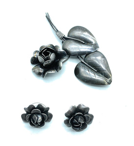 Vintage Sterling Silver Rose Motif Brooch & Earrings Jewelry Set