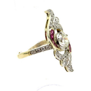 18 K Yellow Gold & Platinum Art Deco Style Ruby and Old European Cut Ring, Size 6.5