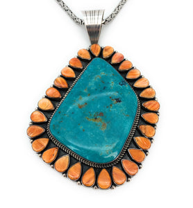 Mark Yazzie HUGE Sterling Silver Turquoise and Orange Spiny Oyster Pendant Necklace