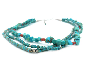 Old Pawn Navajo Sterling Silver Turquoise & Coral Bead 3-Strand Necklace
