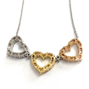 18K 3-Tone Gold Mixed Diamond Tri-Heart Pendant Necklace