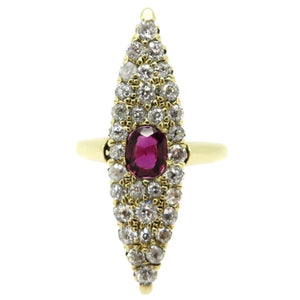 14 Karat Gold Victorian Style Navette Shaped Ruby and OEC Diamond Ring, Size 5.75
