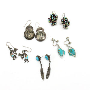5 Sets of Native American Sterling Silver Earrings Kokopelli Turquoise