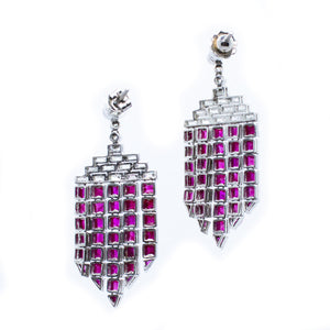 Antique Art Deco Platinum 10.54ctw Diamond & Ruby Dangle Earrings
