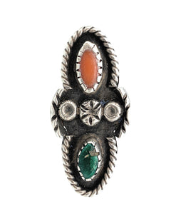 Old Pawn Navajo Split Shank Sterling Silver, Coral, & Turquoise Ring - Sz. 7.75