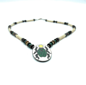 Vintage 1970's Native American Shell & Spiny Oyster Heishi Scarab Pendant Choker