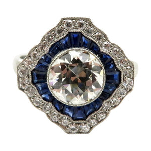 Platinum Art Deco Style Old European Cut Sapphire and Diamond Engagement Ring