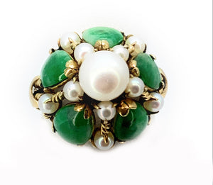 Vintage 14K Yellow Gold, Jade & Cultured Pearl Bombé Ring - Sz. 6.25