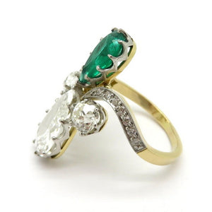 Estate 18 Karat and Platinum Pear Shaped GIA Certified Diamond and Emerald Ring