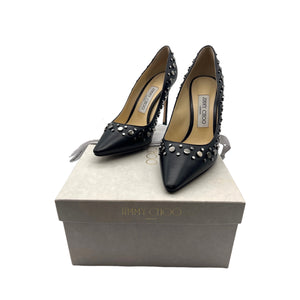 JIMMY CHOO Black Nappa Pointy Toe Pumps with Anthracite Studs Romy 100 Heels
