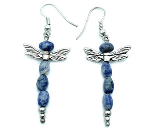 Silver Dragonfly & Sodalite Bead Dangle Earrings