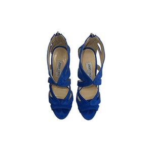 JIMMY CHOO Aegean Blue Suede Collar Sandal Heels  - Sz. 35.5